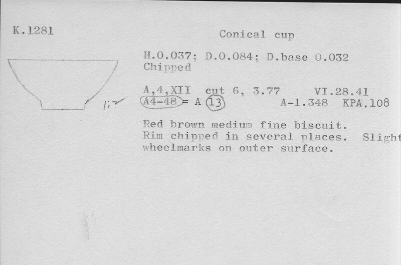 Index card with typed and handwritten information, sometimes including a sketch, of pottery from an excavation.