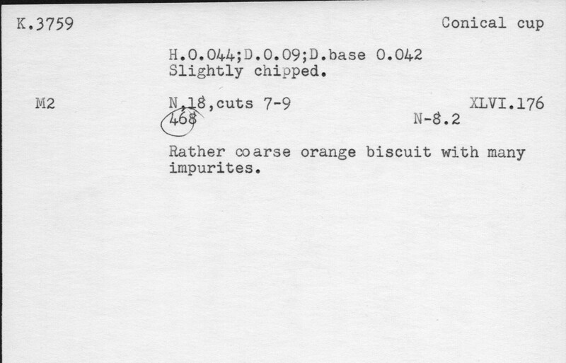 Index card with typed and handwritten information, sometimes including a sketch, of pottery from an excavation.