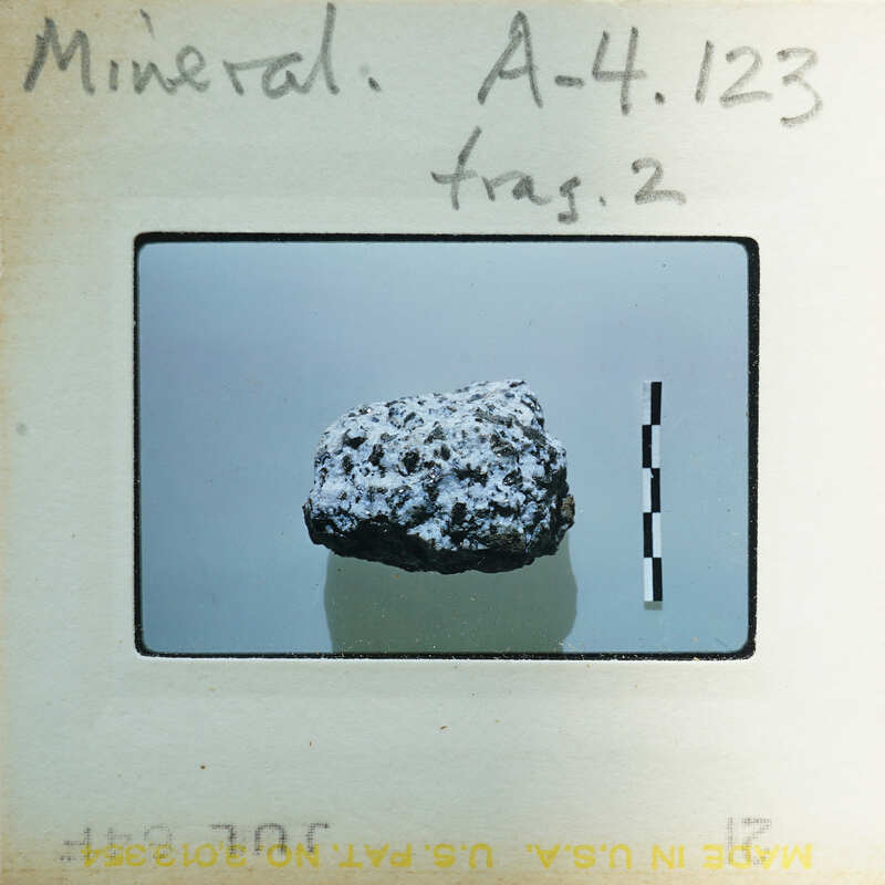 A small rock with a rough texture, photographed on a white background and labeled as "MINERAL" with the number "A-41.123" written on it.