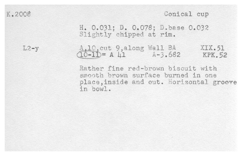 Index card with typed and handwritten information, sometimes including a sketch, of pottery from an excavation.