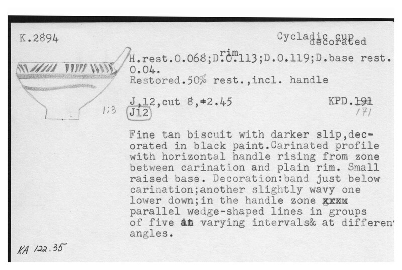 Index card with typed and handwritten information, sometimes including a sketch, of pottery from an excavation.