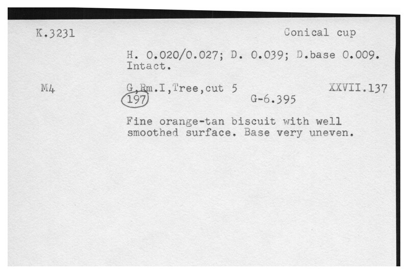 Index card with typed and handwritten information, sometimes including a sketch, of pottery from an excavation.