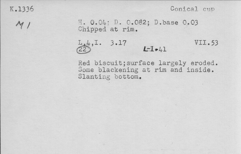 Index card with typed and handwritten information, sometimes including a sketch, of pottery from an excavation.