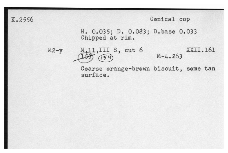Index card with typed and handwritten information, sometimes including a sketch, of pottery from an excavation.