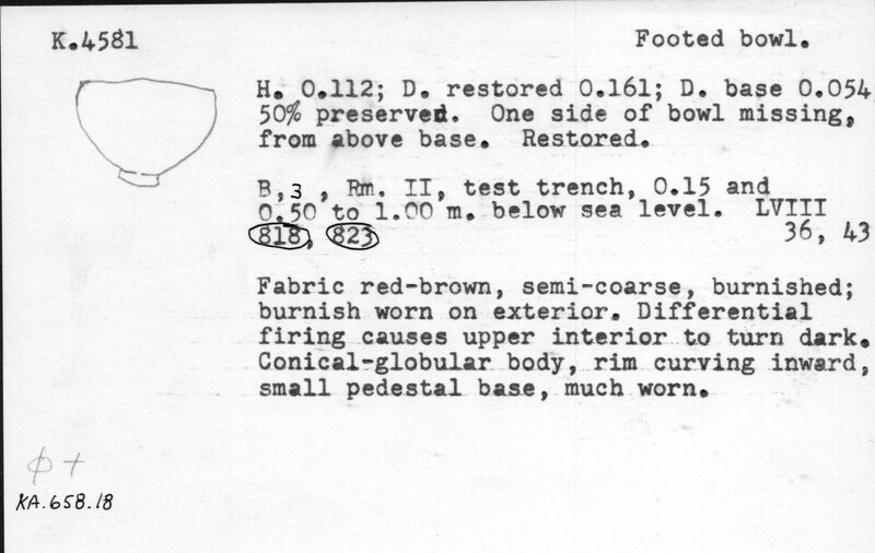 Index card with typed and handwritten information, sometimes including a sketch, of pottery from an excavation.