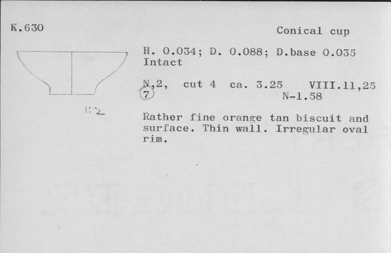 Index card with typed and handwritten information, sometimes including a sketch, of pottery from an excavation.