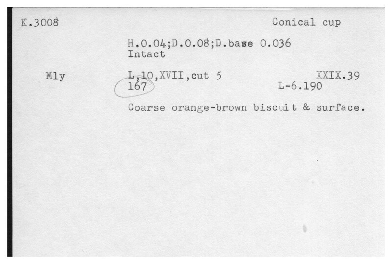 Index card with typed and handwritten information, sometimes including a sketch, of pottery from an excavation.