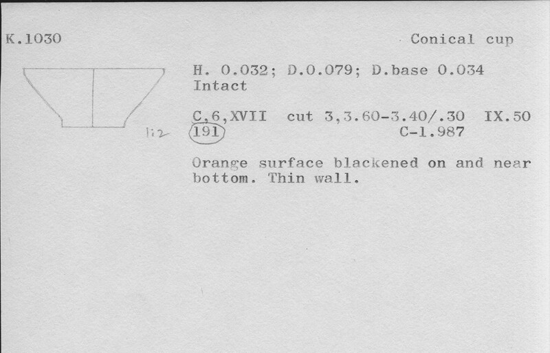 Index card with typed and handwritten information, sometimes including a sketch, of pottery from an excavation.