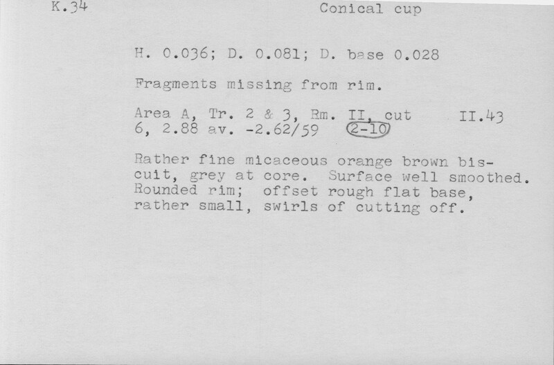 Index card with typed and handwritten information, sometimes including a sketch, of pottery from an excavation.