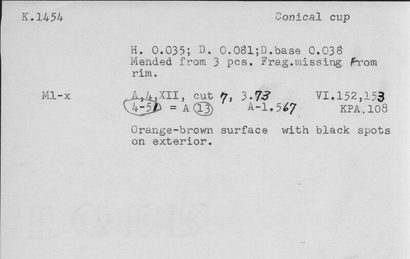 Index card with typed and handwritten information, sometimes including a sketch, of pottery from an excavation.