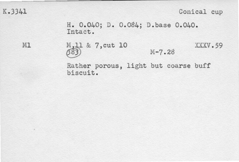 Index card with typed and handwritten information, sometimes including a sketch, of pottery from an excavation.