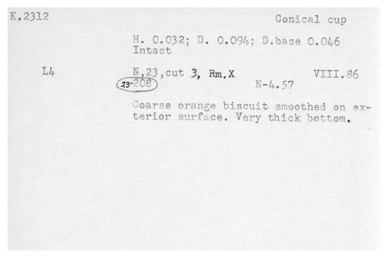 Index card with typed and handwritten information, sometimes including a sketch, of pottery from an excavation.