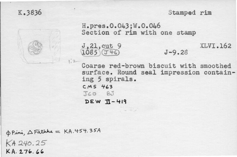 Index card with typed and handwritten information, sometimes including a sketch, of pottery from an excavation.