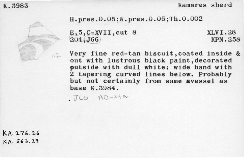 Index card with typed and handwritten information, sometimes including a sketch, of pottery from an excavation.