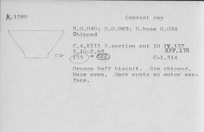 Index card with typed and handwritten information, sometimes including a sketch, of pottery from an excavation.