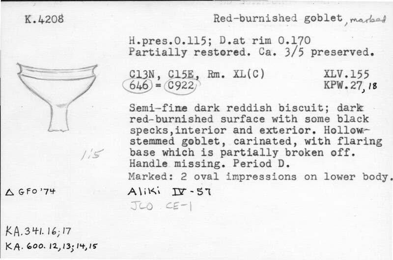 Index card with typed and handwritten information, sometimes including a sketch, of pottery from an excavation.
