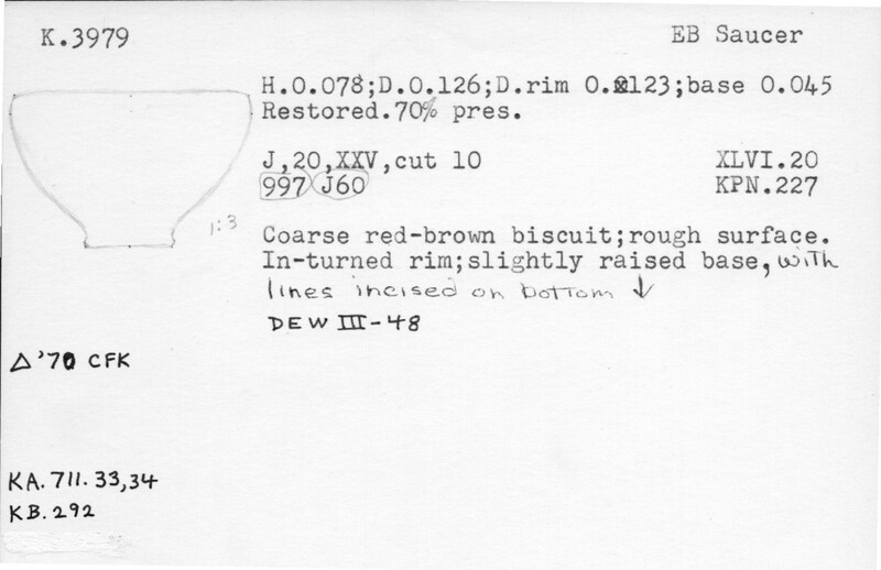 Index card with typed and handwritten information, sometimes including a sketch, of pottery from an excavation.