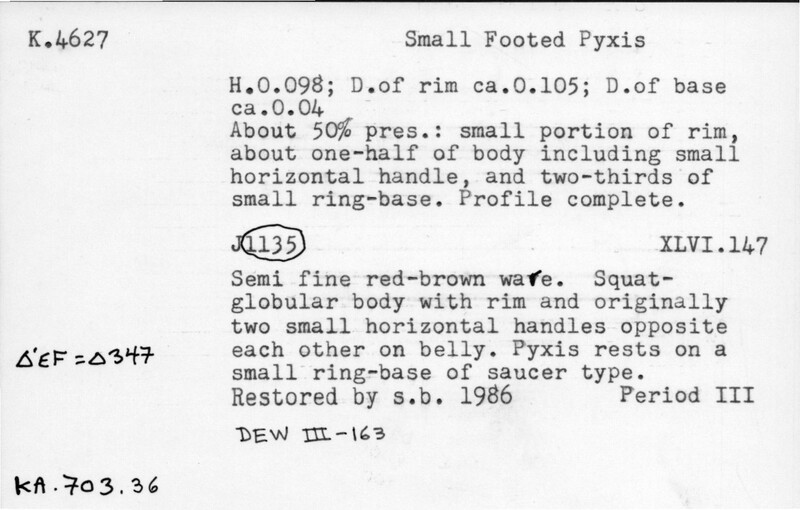 Index card with typed and handwritten information, sometimes including a sketch, of pottery from an excavation.