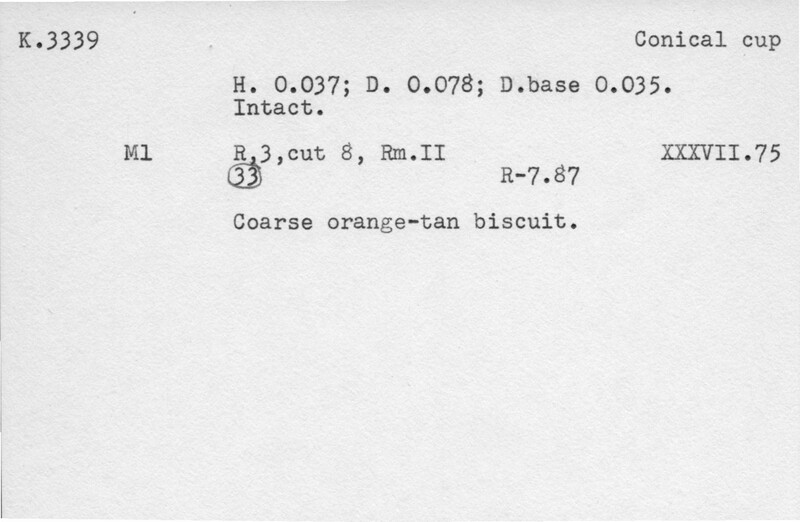 Index card with typed and handwritten information, sometimes including a sketch, of pottery from an excavation.