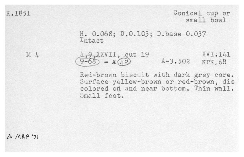 Index card with typed and handwritten information, sometimes including a sketch, of pottery from an excavation.