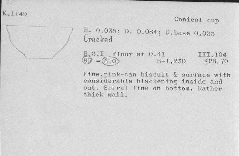Index card with typed and handwritten information, sometimes including a sketch, of pottery from an excavation.