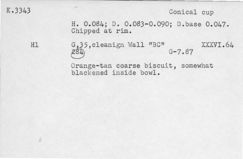 Index card with typed and handwritten information, sometimes including a sketch, of pottery from an excavation.