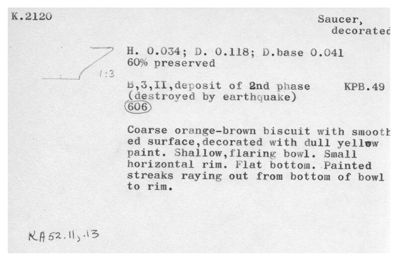 Index card with typed and handwritten information, sometimes including a sketch, of pottery from an excavation.