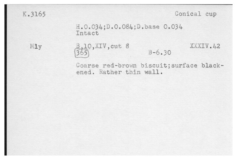 Index card with typed and handwritten information, sometimes including a sketch, of pottery from an excavation.