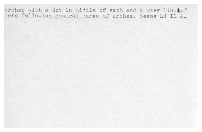 Index card with typed and handwritten information, sometimes including a sketch, of pottery from an excavation.