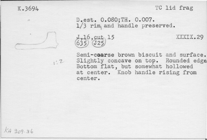 Index card with typed and handwritten information, sometimes including a sketch, of pottery from an excavation.