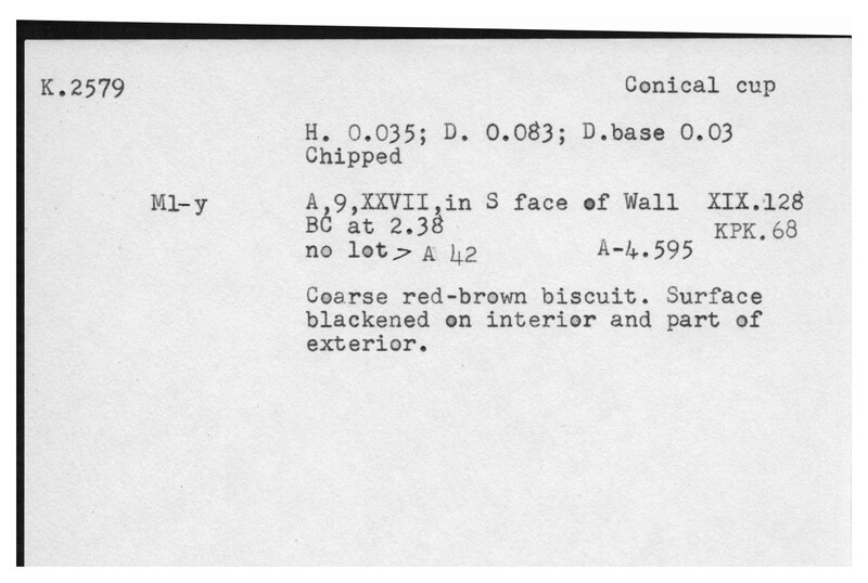 Index card with typed and handwritten information, sometimes including a sketch, of pottery from an excavation.