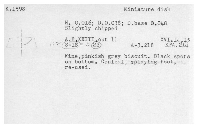 Index card with typed and handwritten information, sometimes including a sketch, of pottery from an excavation.