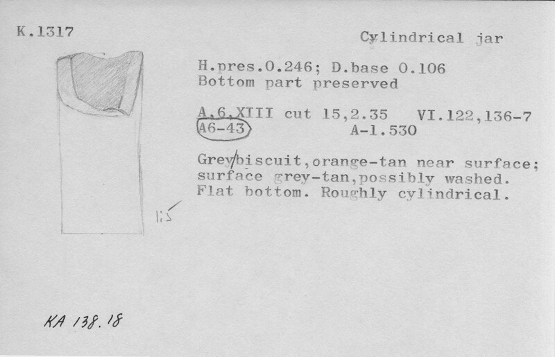 Index card with typed and handwritten information, sometimes including a sketch, of pottery from an excavation.