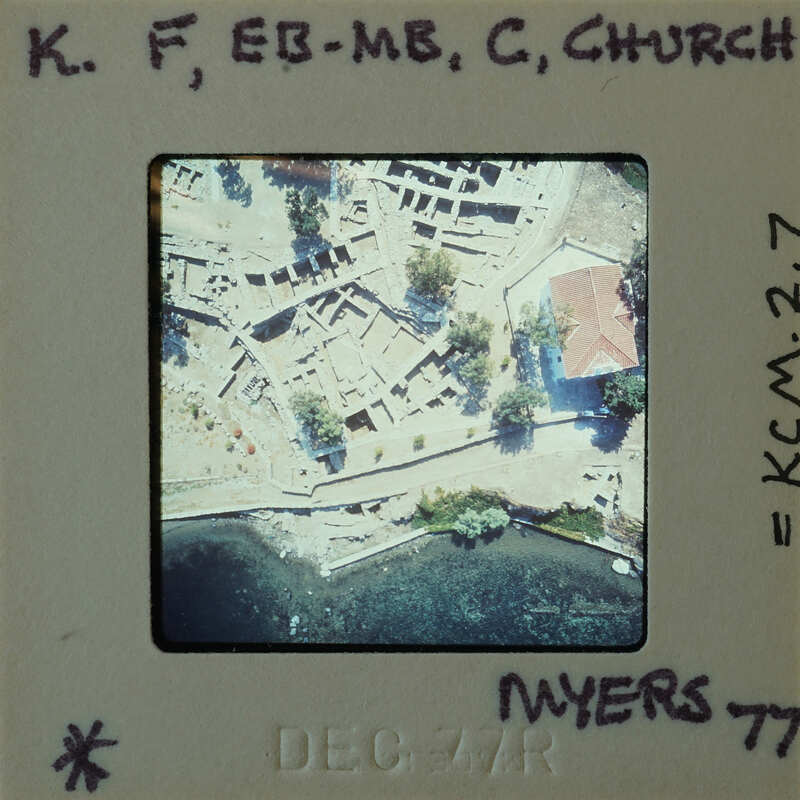 Aerial photograph of an archaeological site with ruins and vegetation.