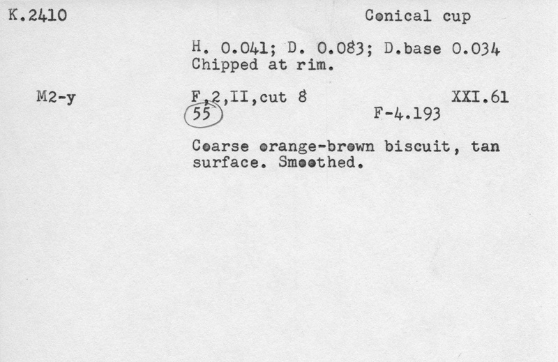 Index card with typed and handwritten information, sometimes including a sketch, of pottery from an excavation.