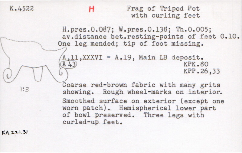 Index card with typed and handwritten information, sometimes including a sketch, of pottery from an excavation.