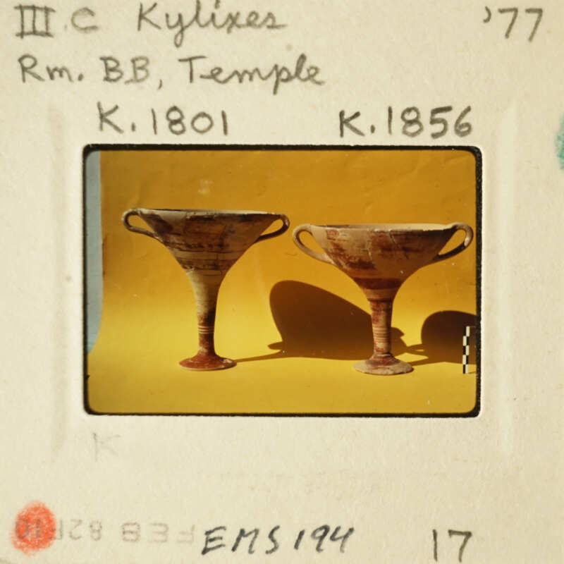 Two ancient Greek vases with handles and neck, displayed on yellow background.