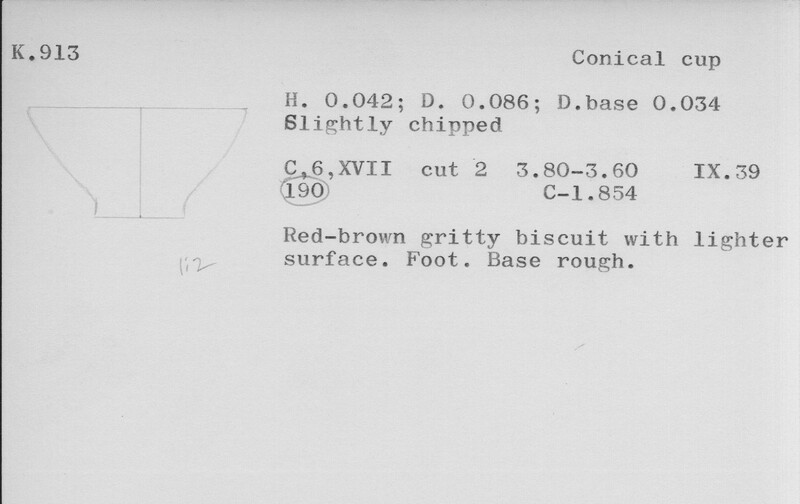 Index card with typed and handwritten information, sometimes including a sketch, of pottery from an excavation.