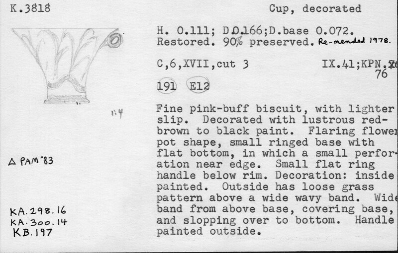 Index card with typed and handwritten information, sometimes including a sketch, of pottery from an excavation.