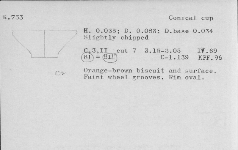 Index card with typed and handwritten information, sometimes including a sketch, of pottery from an excavation.