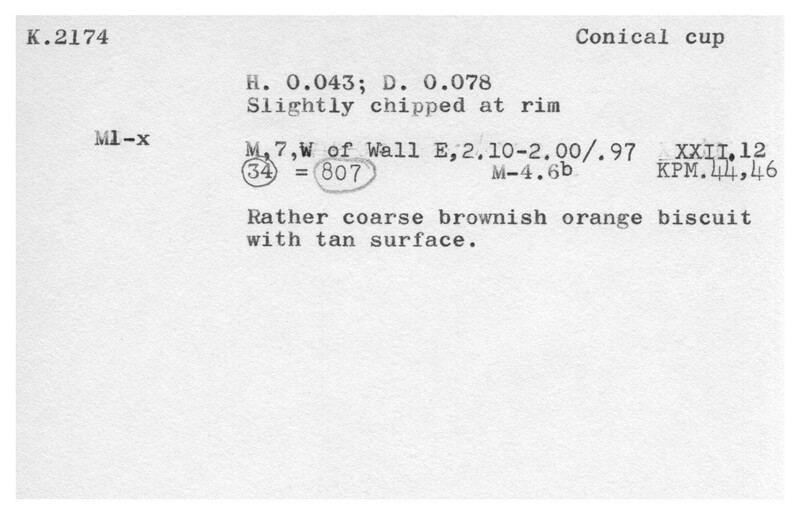 Index card with typed and handwritten information, sometimes including a sketch, of pottery from an excavation.