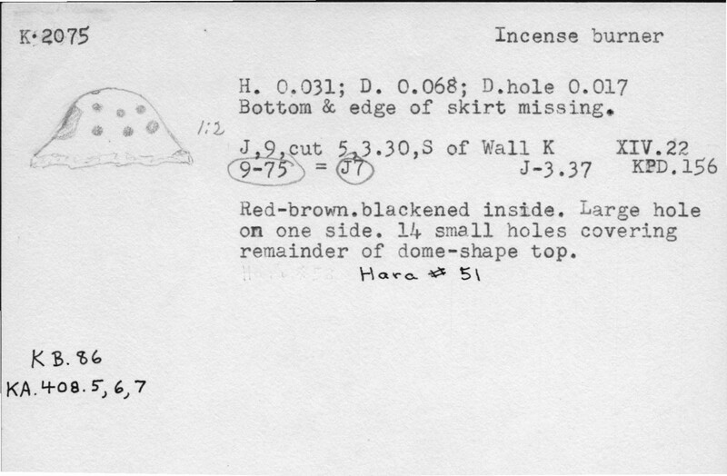 Index card with typed and handwritten information, sometimes including a sketch, of pottery from an excavation.