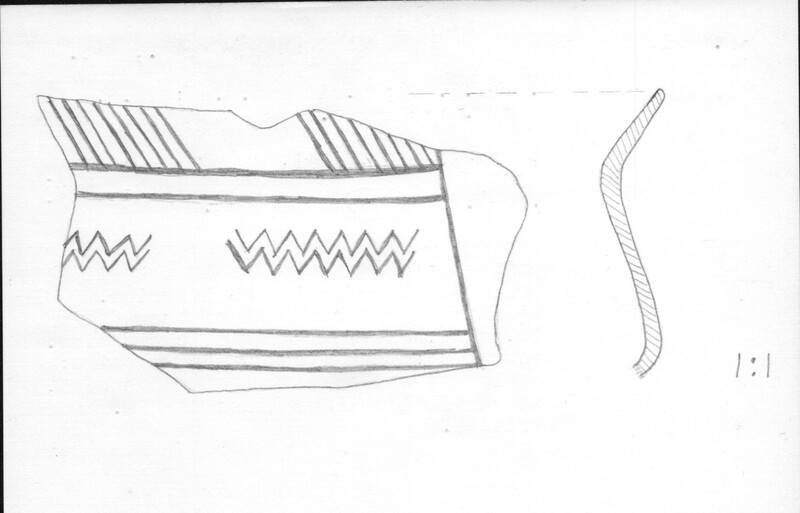 Index card with typed and handwritten information, sometimes including a sketch, of pottery from an excavation.