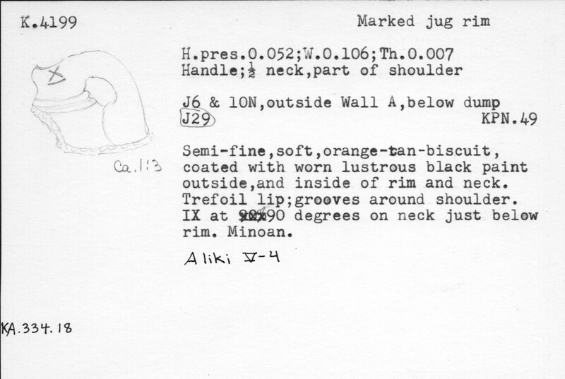 Index card with typed and handwritten information, sometimes including a sketch, of pottery from an excavation.