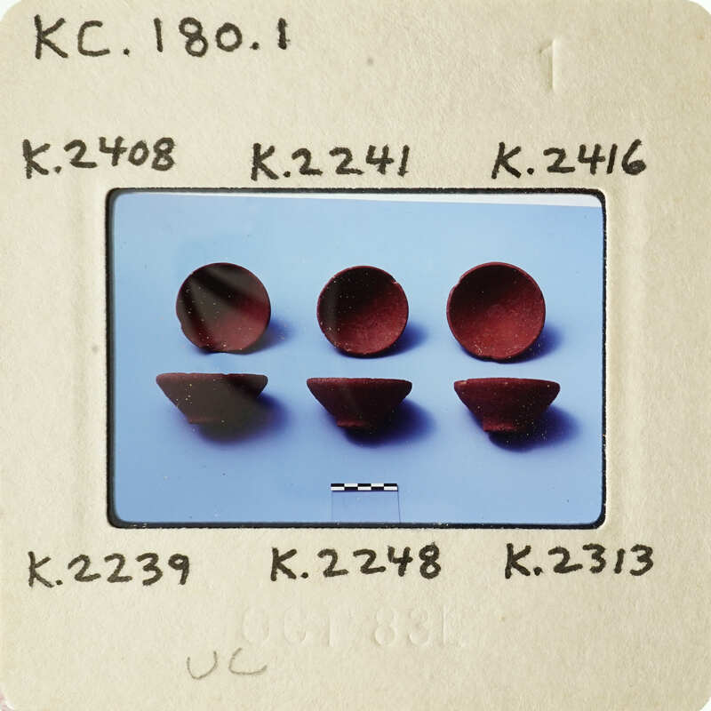 Five round objects on blue background.