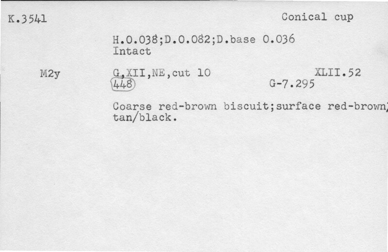 Index card with typed and handwritten information, sometimes including a sketch, of pottery from an excavation.