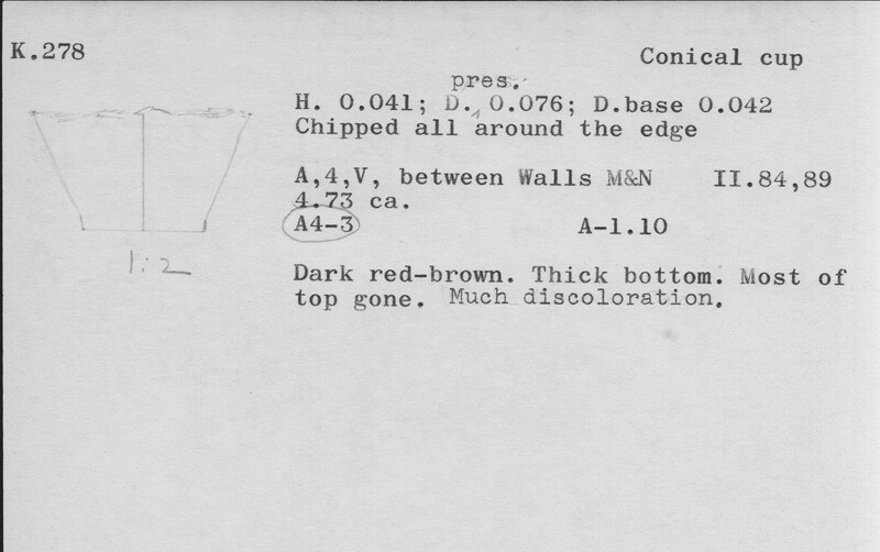 Index card with typed and handwritten information, sometimes including a sketch, of pottery from an excavation.