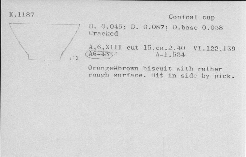 Index card with typed and handwritten information, sometimes including a sketch, of pottery from an excavation.
