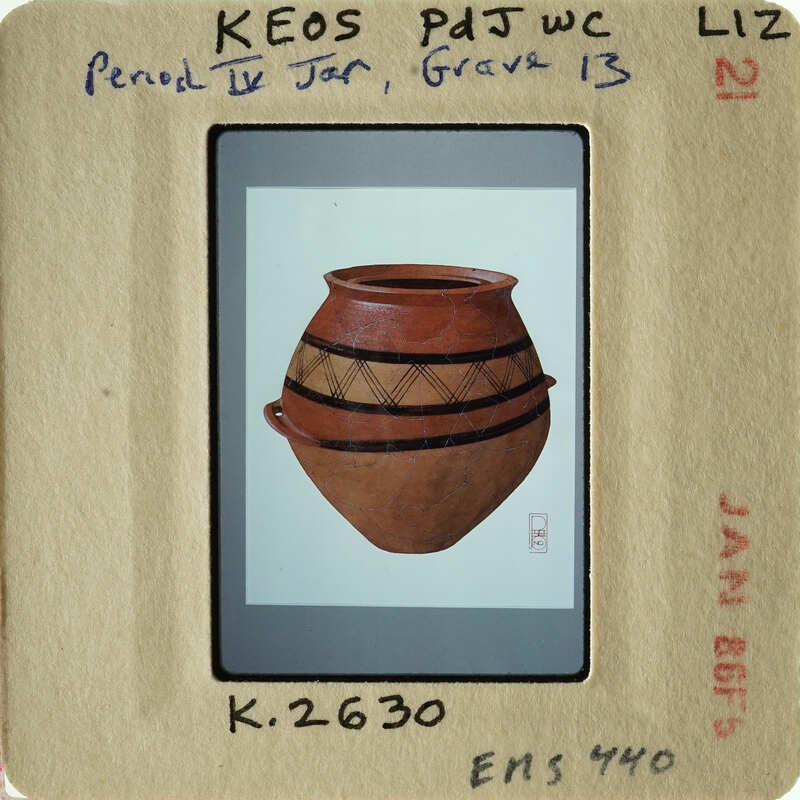 This is an image of a clay pot with a patterned design, displayed on a card with printed information about its origin and identification number.