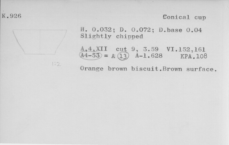 Index card with typed and handwritten information, sometimes including a sketch, of pottery from an excavation.
